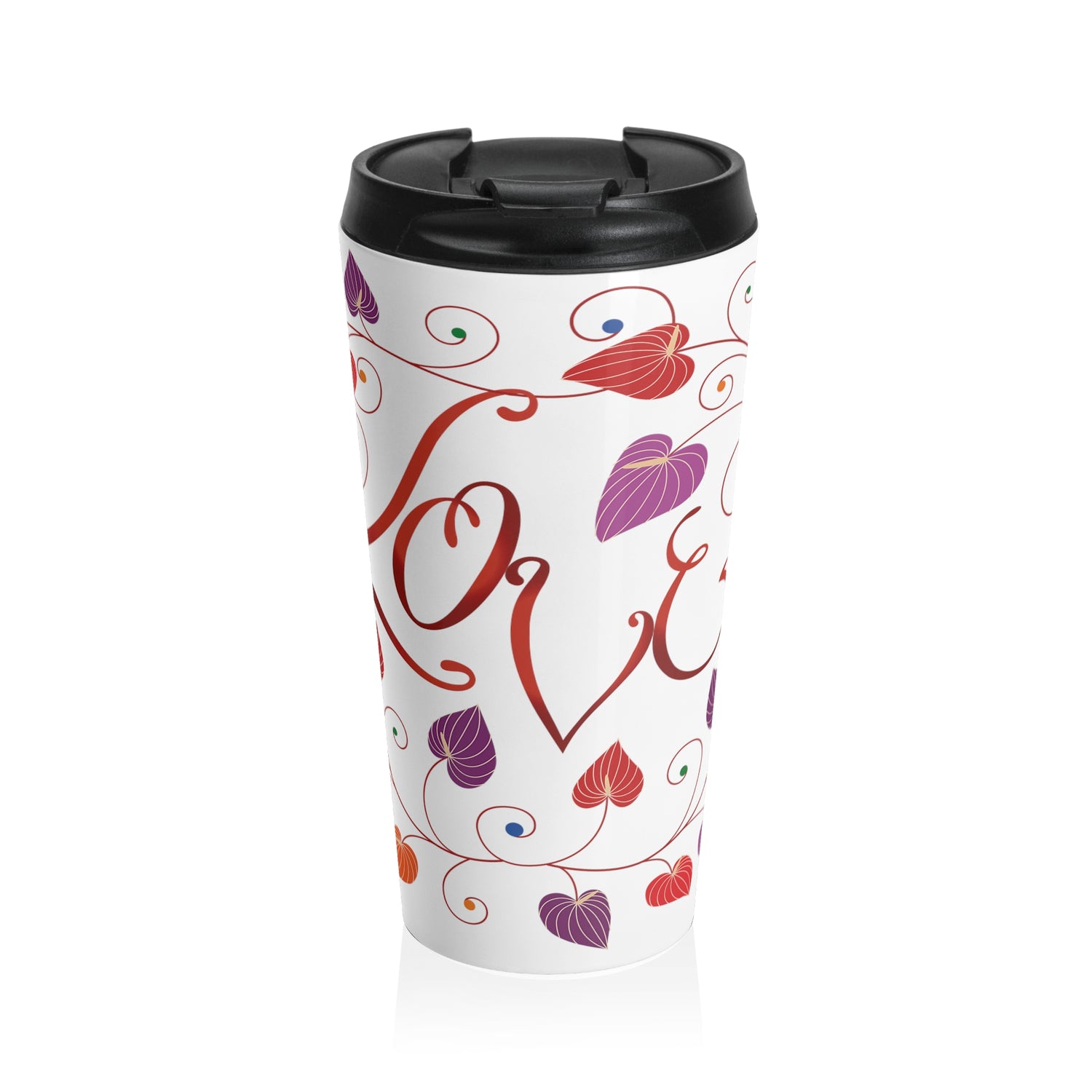 Mug featuring an illustration with the word love and colombian tropical flowers around