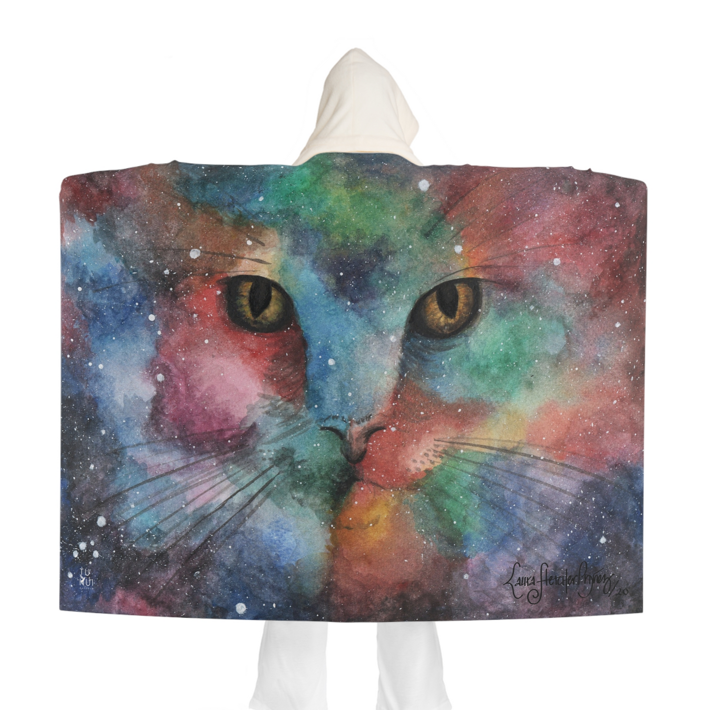 Hooded Sherpa Blanket - Galactic Cat Illustration