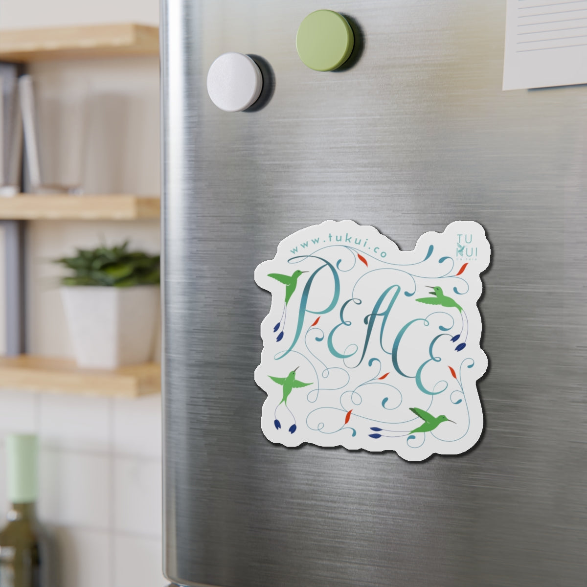 Peace Floral Die-Cut Magnet — Hummingbird & Script Refrigerator Magnet