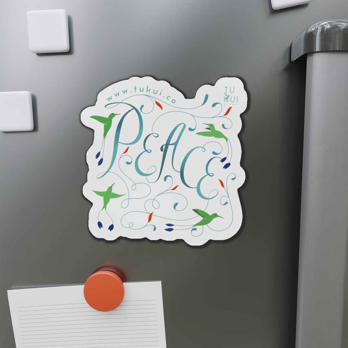 Peace Floral Die-Cut Magnet — Hummingbird & Script Refrigerator Magnet