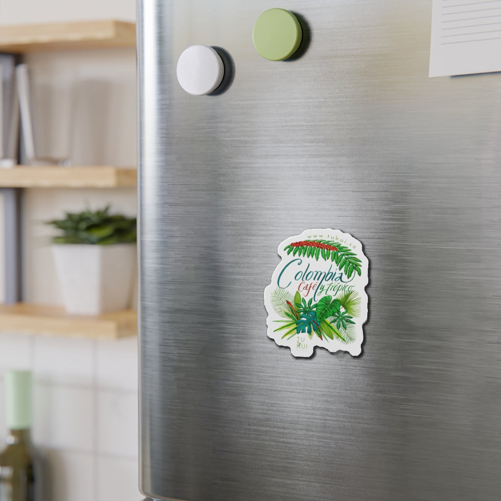 Colombia Café y Trópico Die-Cut Magnet — Tropical Coffee Plant Sticker Magnet
