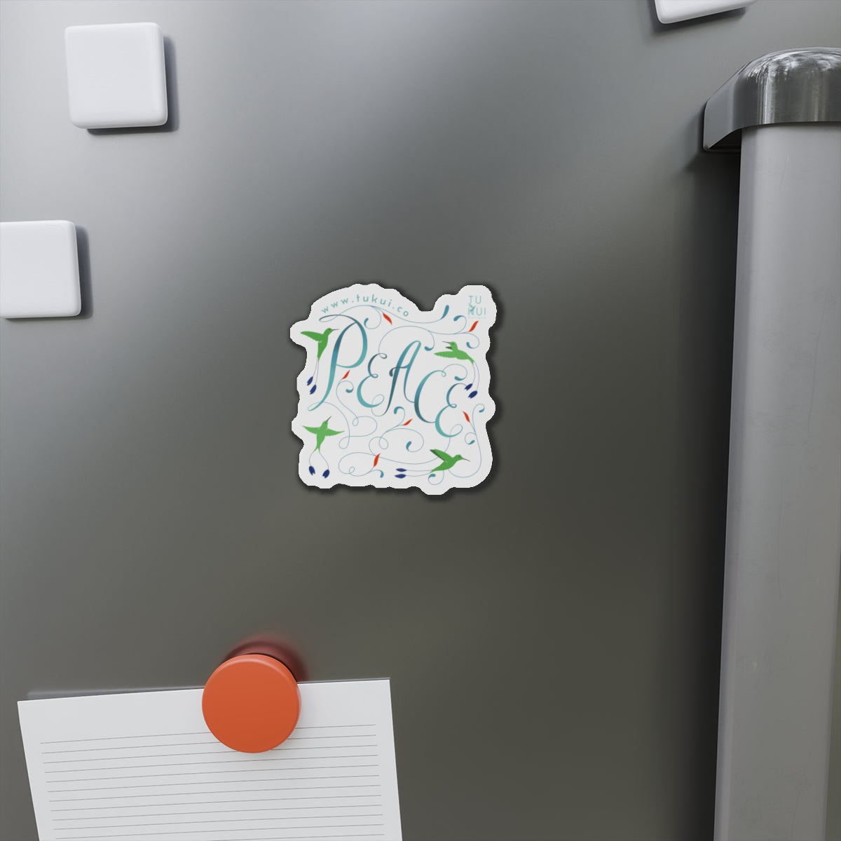 Peace Floral Die-Cut Magnet — Hummingbird & Script Refrigerator Magnet