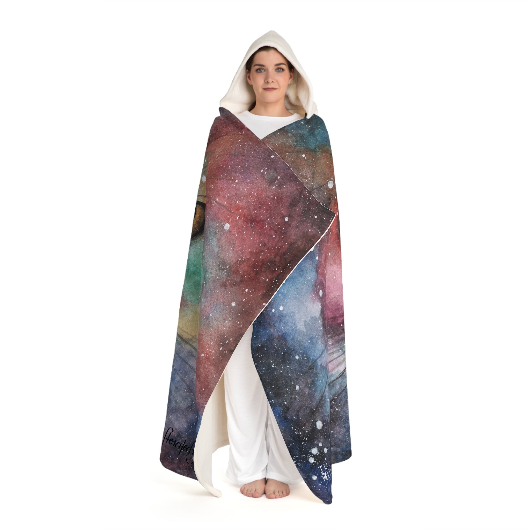 Hooded Sherpa Blanket - Galactic Cat Illustration