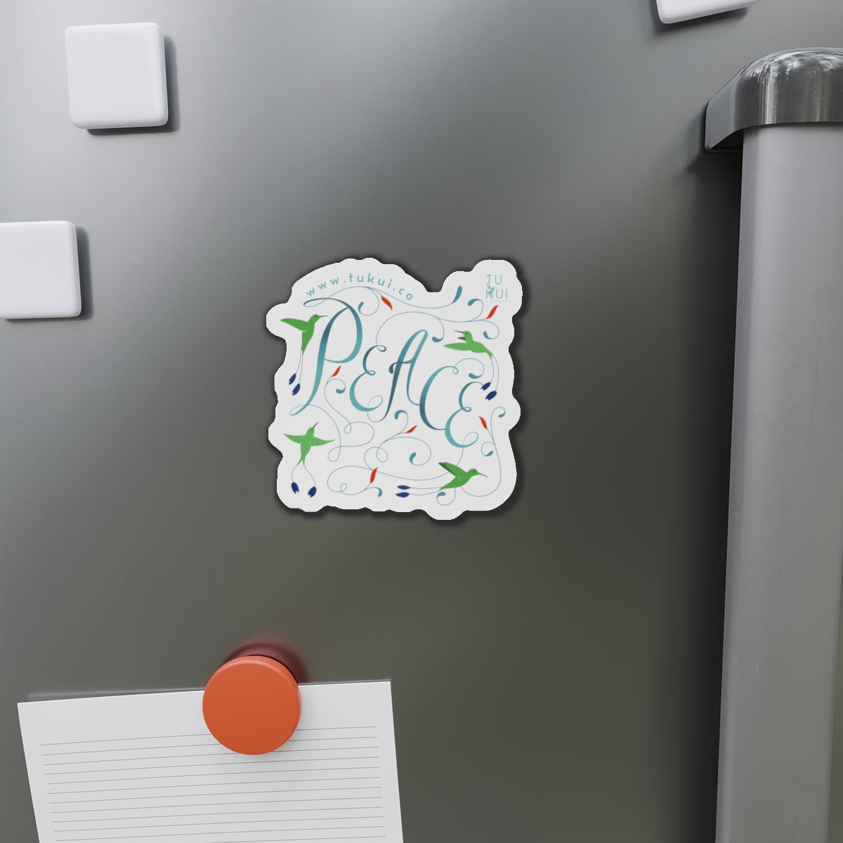 Peace Floral Die-Cut Magnet — Hummingbird & Script Refrigerator Magnet