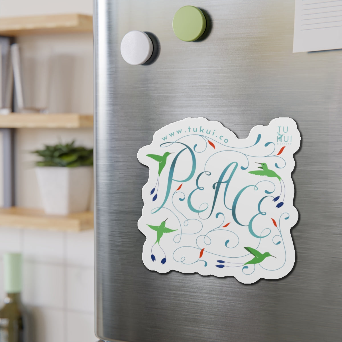 Peace Floral Die-Cut Magnet — Hummingbird & Script Refrigerator Magnet