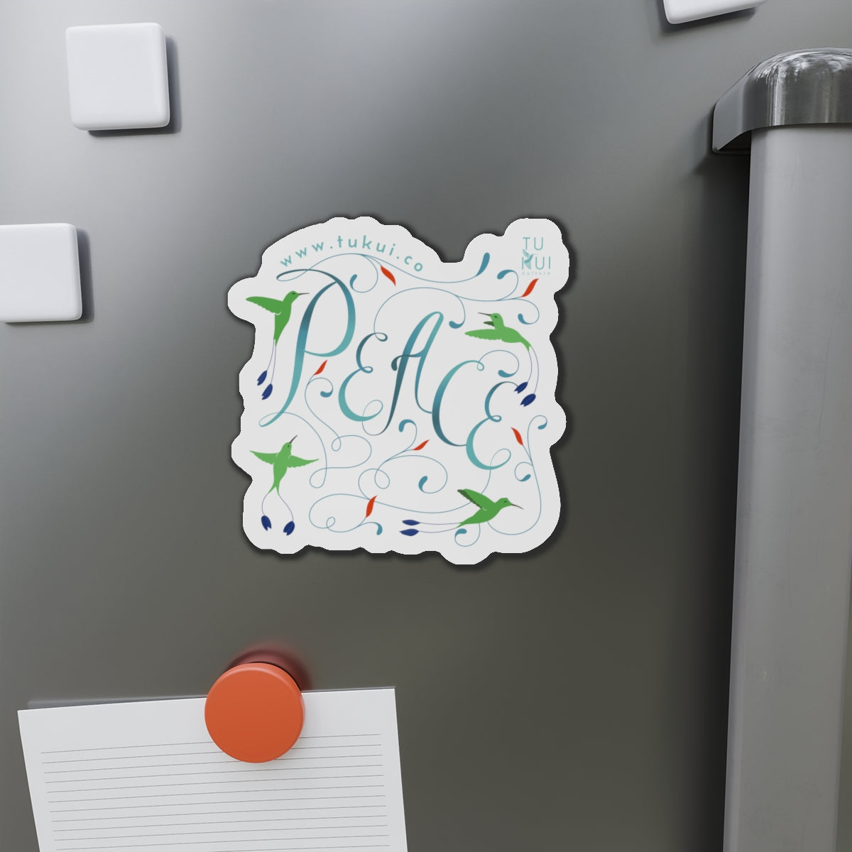 Peace Floral Die-Cut Magnet — Hummingbird & Script Refrigerator Magnet