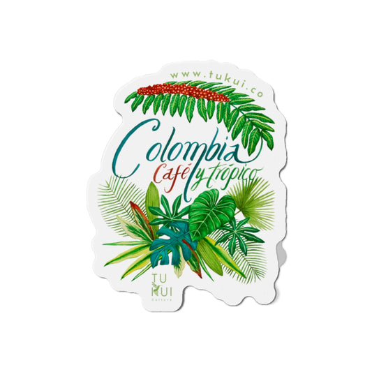 Colombia Café y Trópico Die-Cut Magnet — Tropical Coffee Plant Sticker Magnet