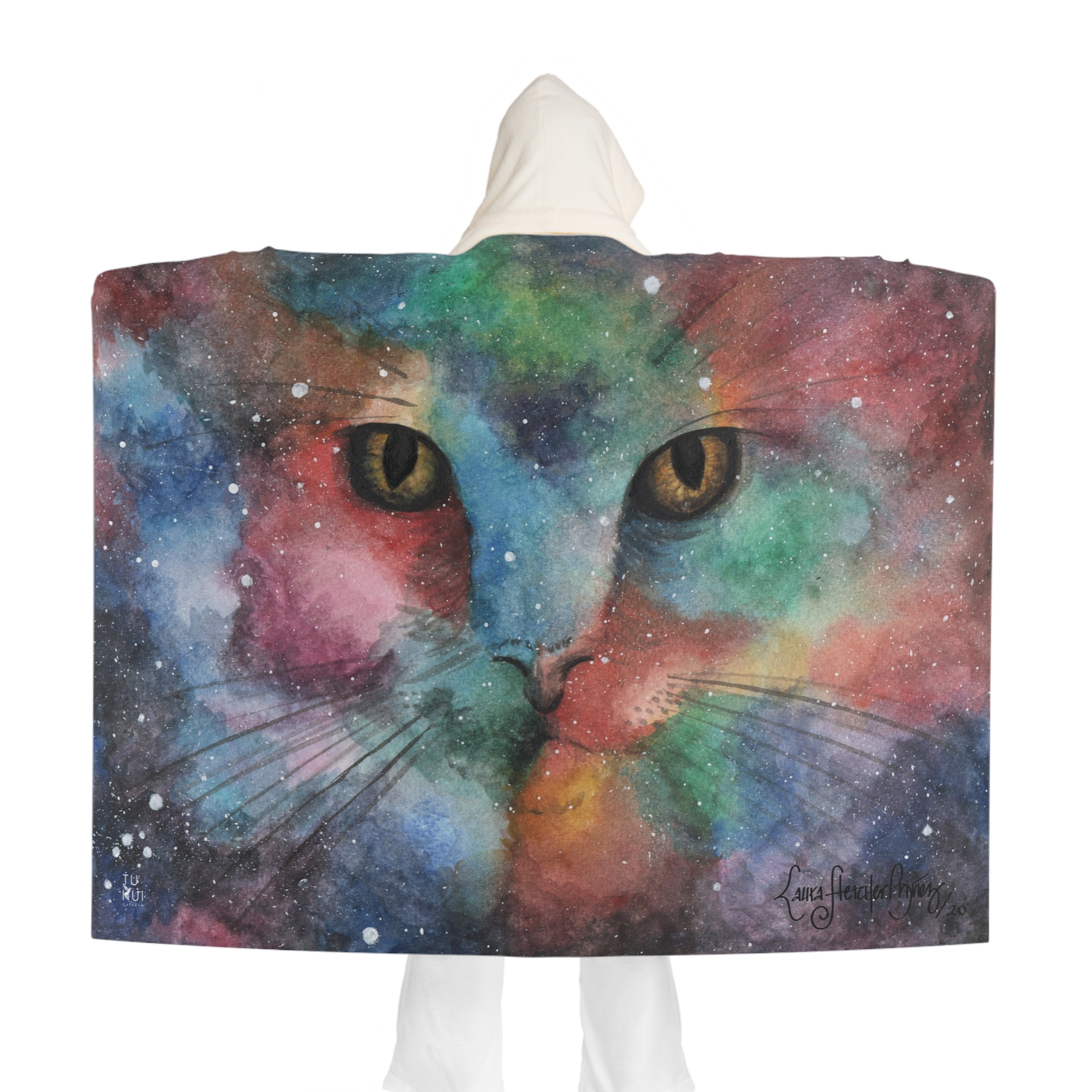 Hooded Sherpa Blanket - Galactic Cat Illustration